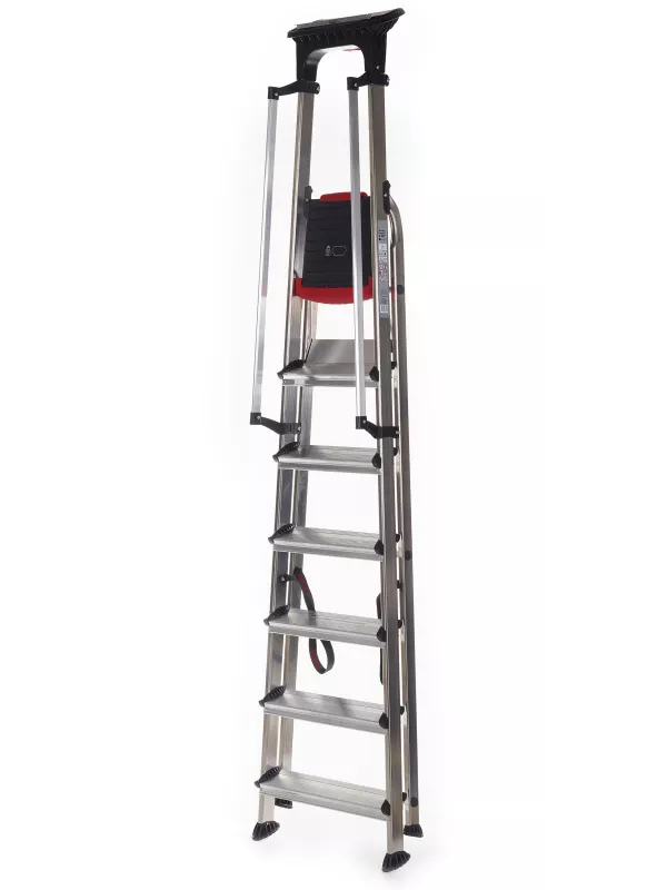 Aluminium step ladder with tall safety rail and foldable design.